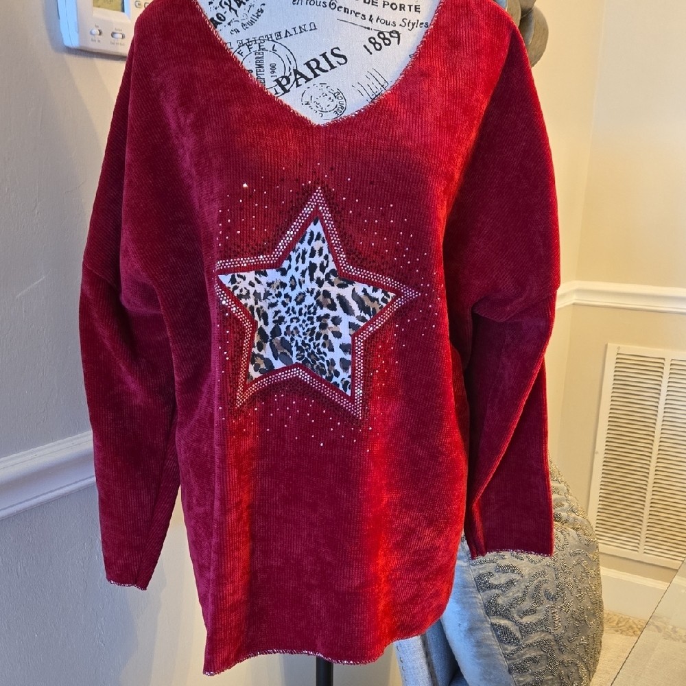 New Ruby Red Sweater Leopard Star Embellished With Bling. From Shop Evelynne - Picture 1 of 8